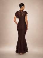 Rae Sera Lucienne High-Neck Lace Maxi Dress in brown