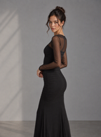 Rae Sera Odette Sheer-Sleeve Ruched Maxi Dress in black