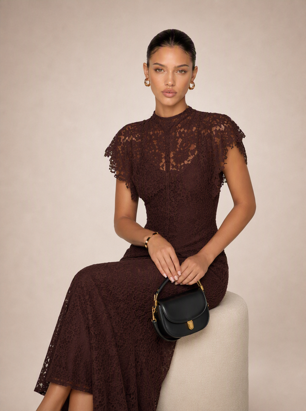 Rae Sera Lucienne High-Neck Lace Maxi Dress in brown