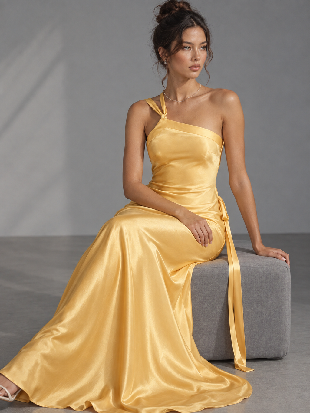 Rae Sera Solene One-Shoulder Satin Maxi Dress in yellow