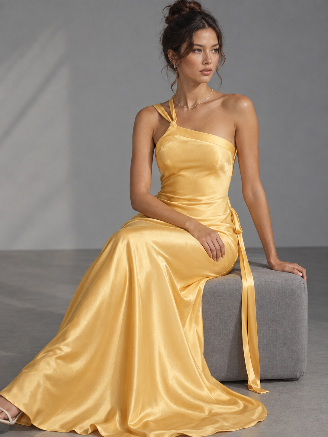 Rae Sera Solene One-Shoulder Satin Maxi Dress in yellow
