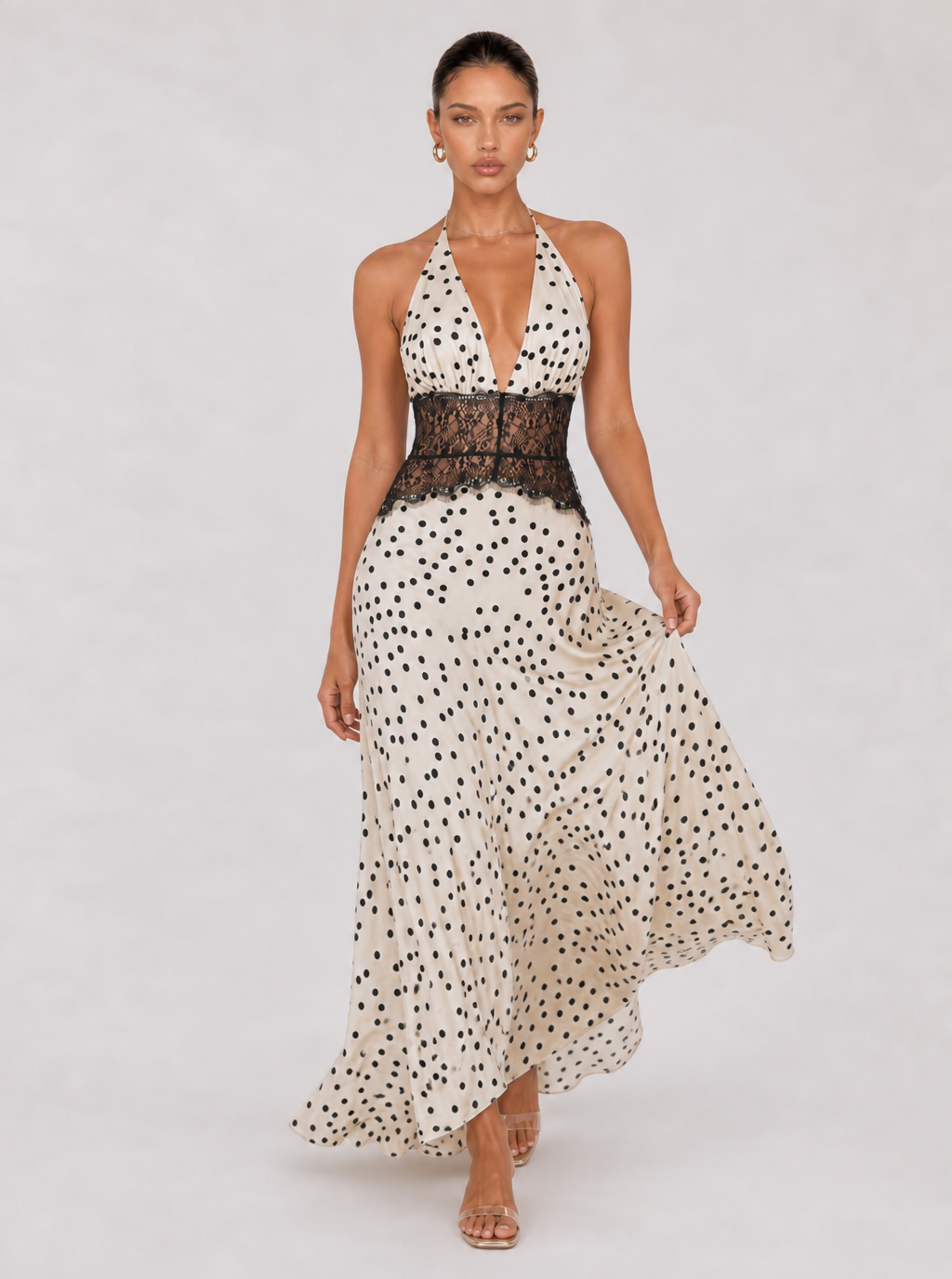 Rae Sera Aurelia Lace-Waist Halter Maxi Dress in white with black dots