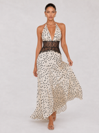 Rae Sera Aurelia Lace-Waist Halter Maxi Dress in white with black dots