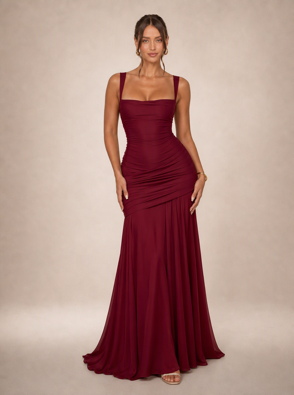 Rae Sera Romilly Ruched Split Maxi Dress in burgundy