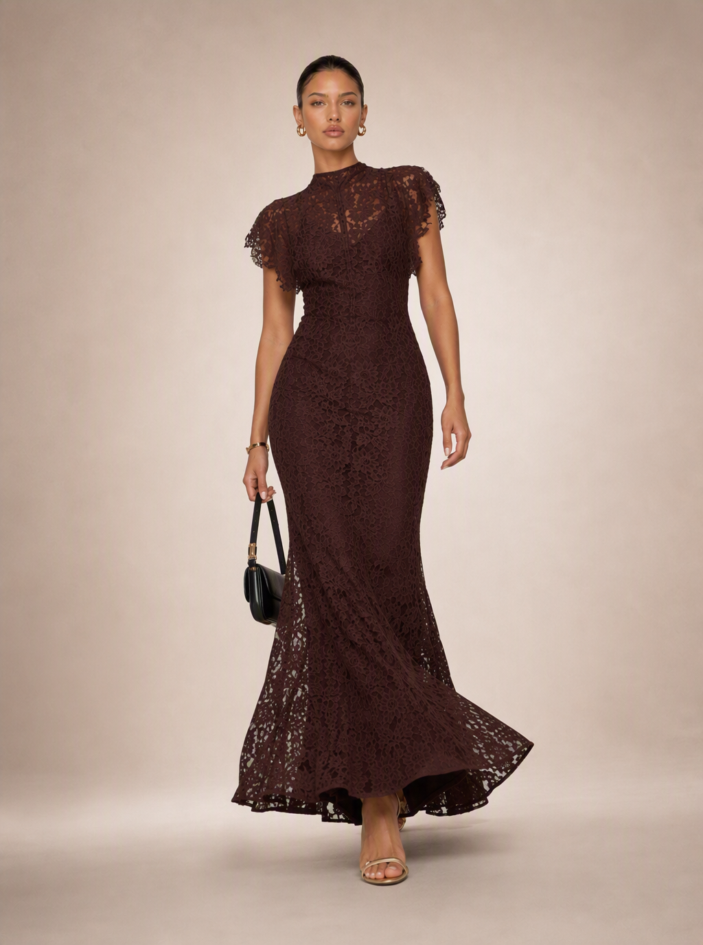 Rae Sera Lucienne High-Neck Lace Maxi Dress in brown