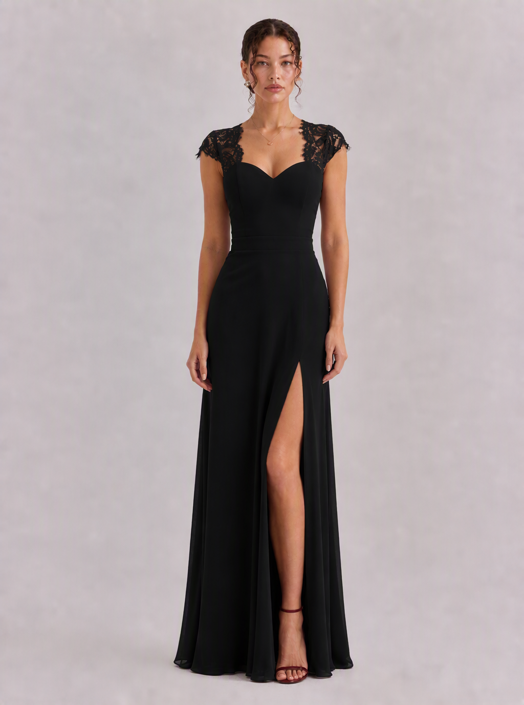 Rae Sera Felicity Lace-Back Chiffon Maxi Dress in burgundy
