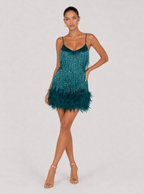 Rae Sera Zelie Feather-Hem Sequin Mini Dress in champagne gold
