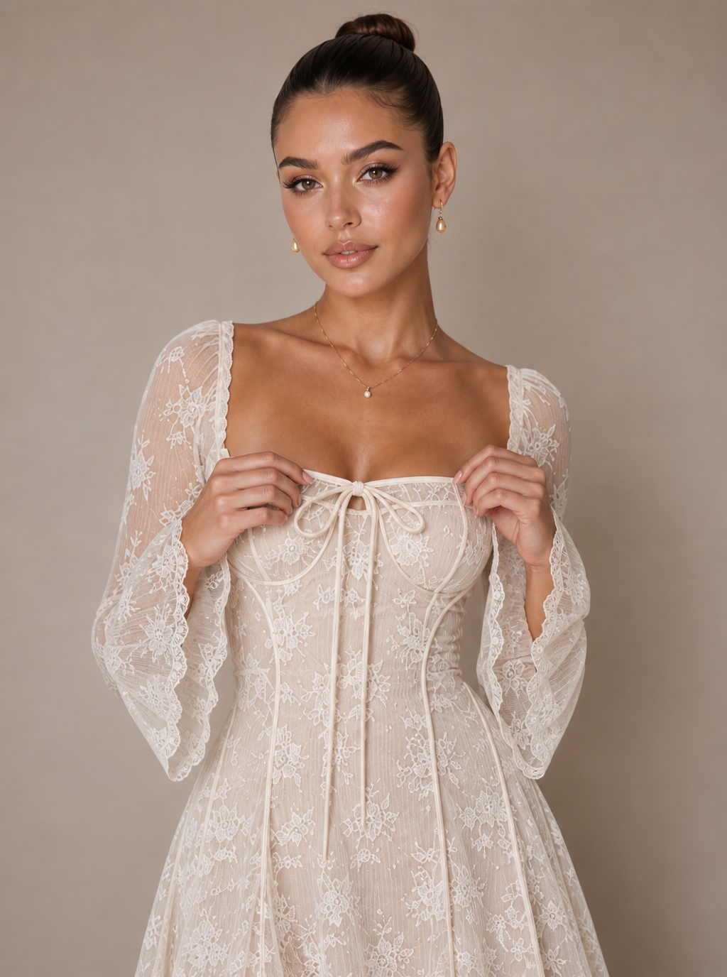 Rae Sera Coralie Bell-Sleeve Lace Mini Dress in ivory