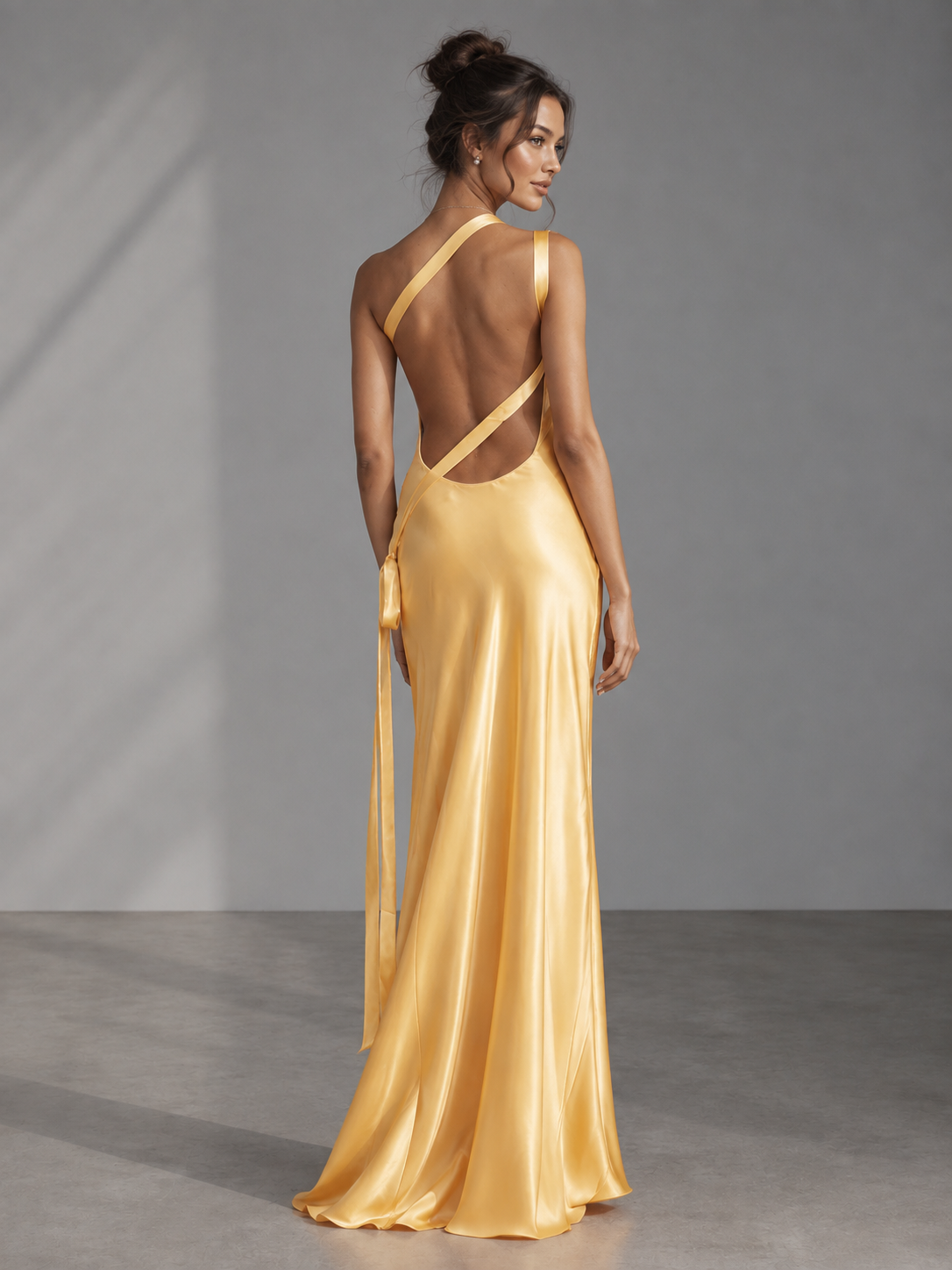 Rae Sera Solene One-Shoulder Satin Maxi Dress in yellow