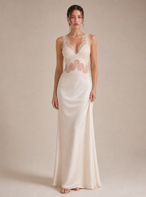 Rae Sera Liora Lace-Waist Satin Maxi Dress in white