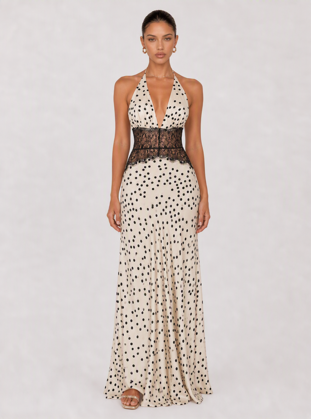 Rae Sera Aurelia Lace-Waist Halter Maxi Dress in white with black dots