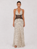 Rae Sera Aurelia Lace-Waist Halter Maxi Dress in white with black dots