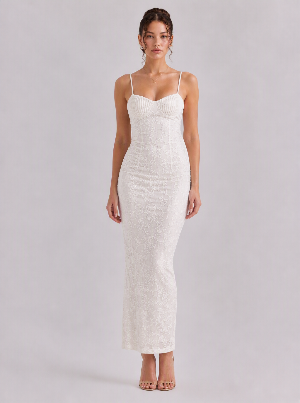 Rae Sera Amabel Lace-Up Lace Midi Dress in white