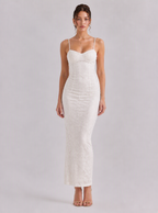 Rae Sera Amabel Lace-Up Lace Midi Dress in white