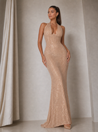 Rae Sera Anais Sequin Halter Maxi Dress in champagne gold