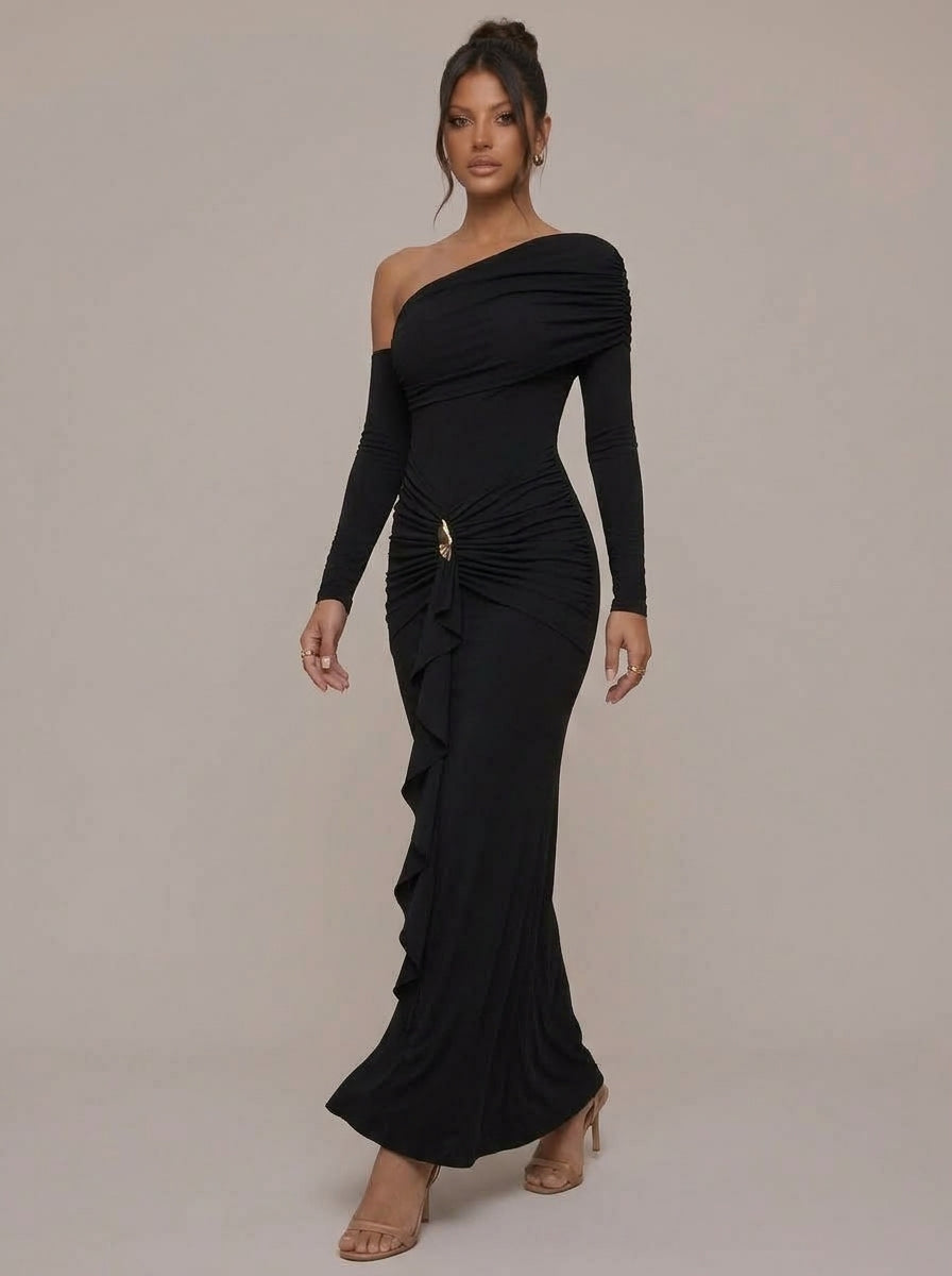Adeline Asymmetric Ruched Maxi Dress