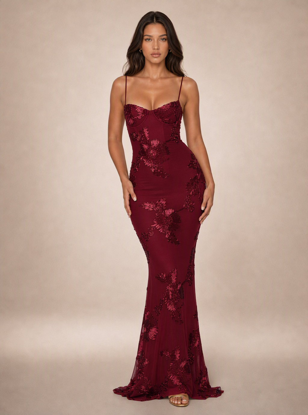 Rae Sera Lavinia Embroidered Mermaid Maxi Dress in burgundy