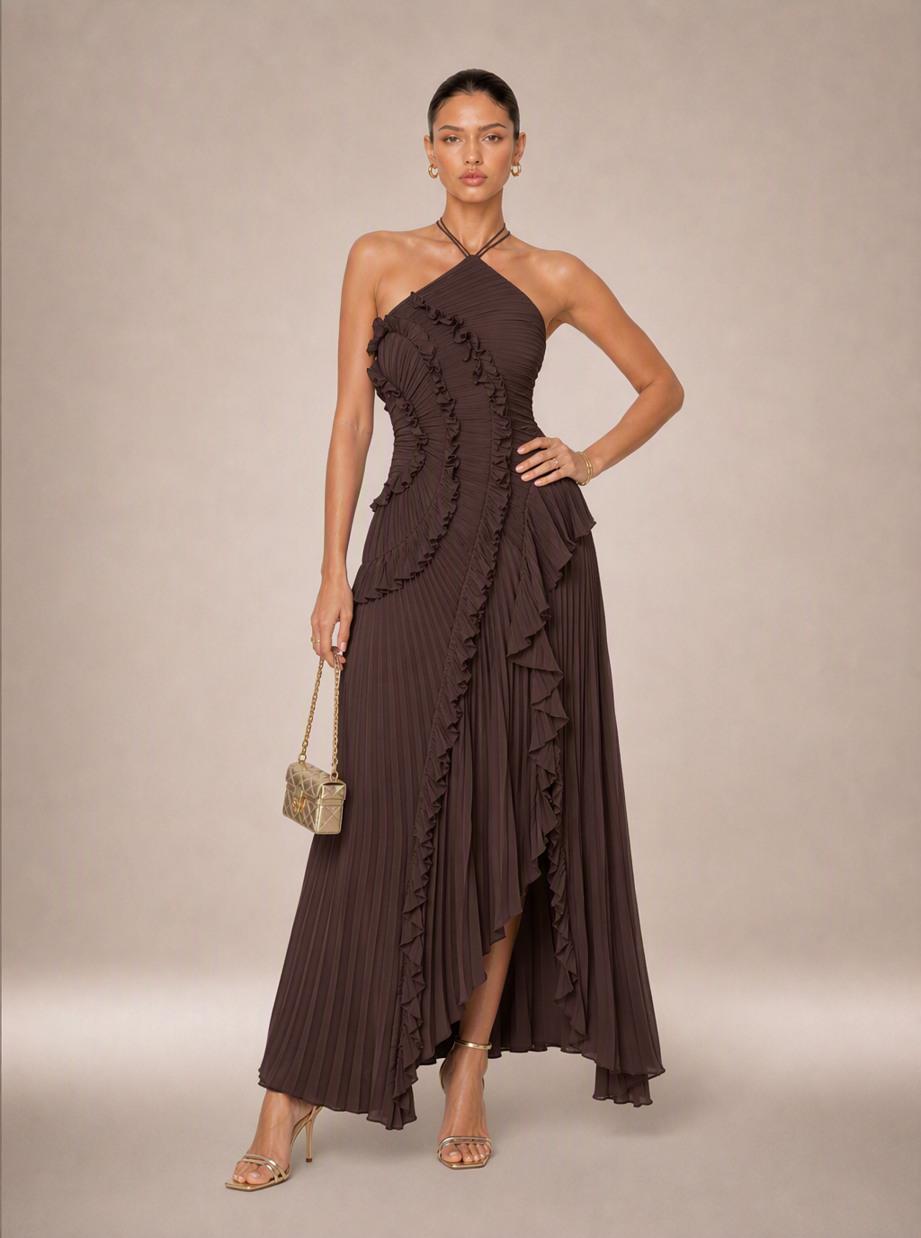 Rae Sera Sereine Ruffle Halter Maxi Dress in pink