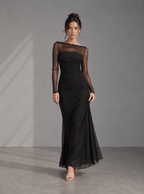 Rae Sera Odette Sheer-Sleeve Ruched Maxi Dress in black