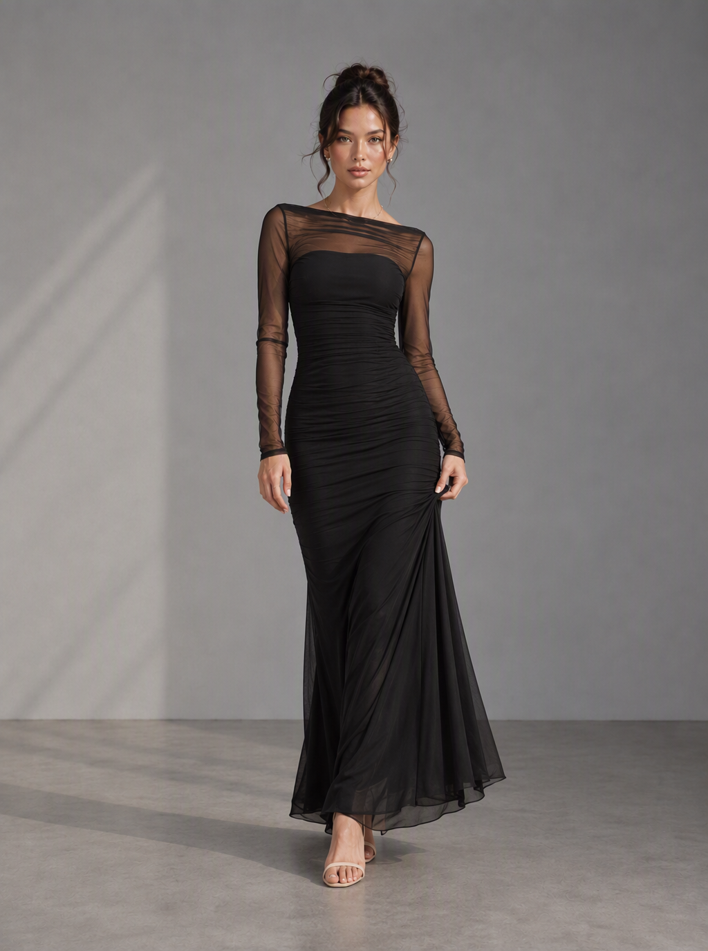 Rae Sera Odette Sheer-Sleeve Ruched Maxi Dress in black