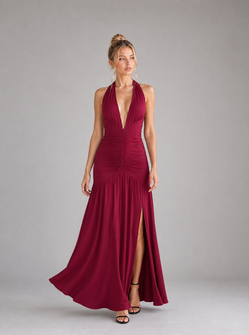 Rae Sera Mireille Halter Split Maxi Dress in magenta