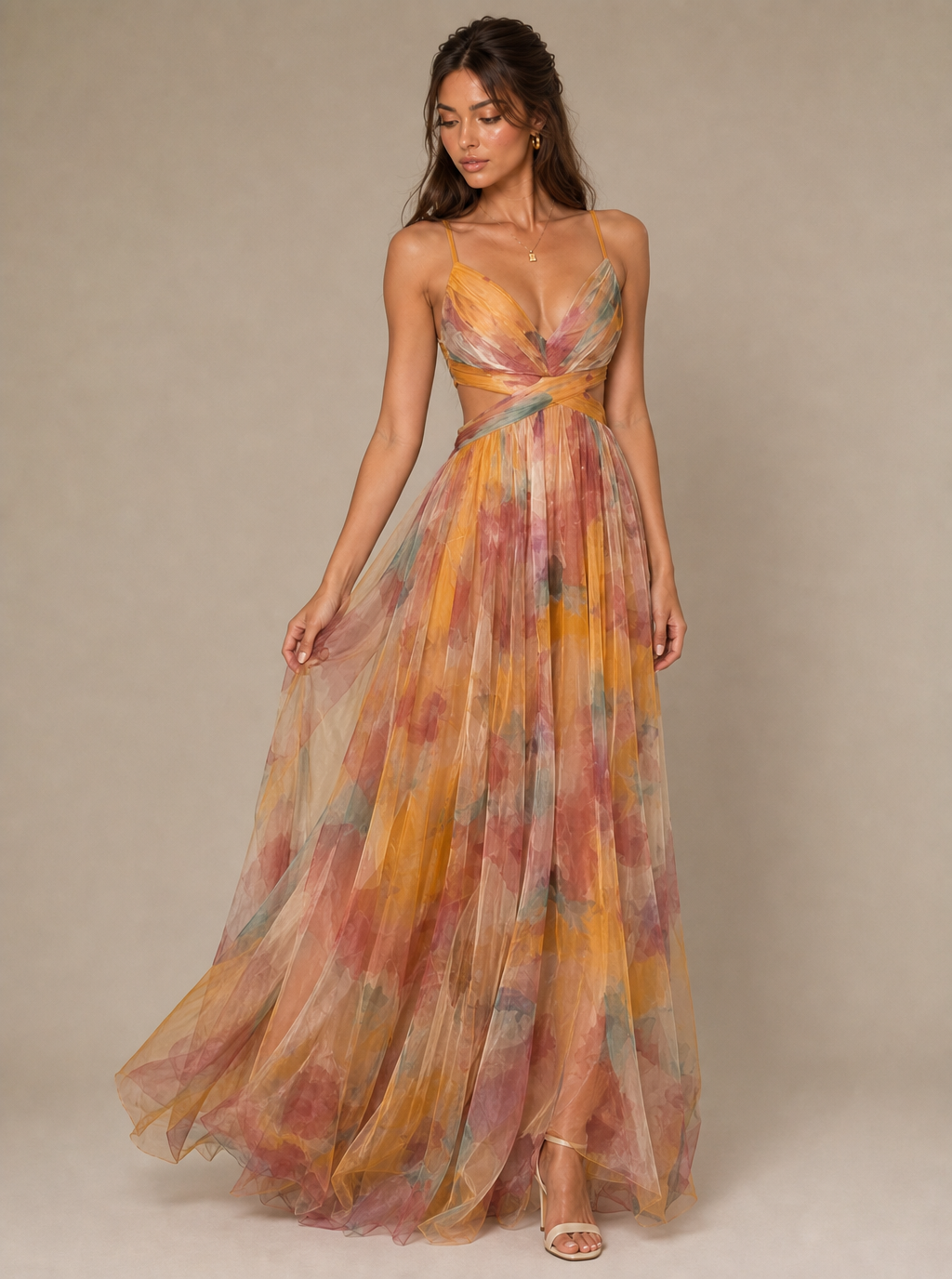 Rae Sera Isadora Watercolor Cutout Maxi Dress in red and pink