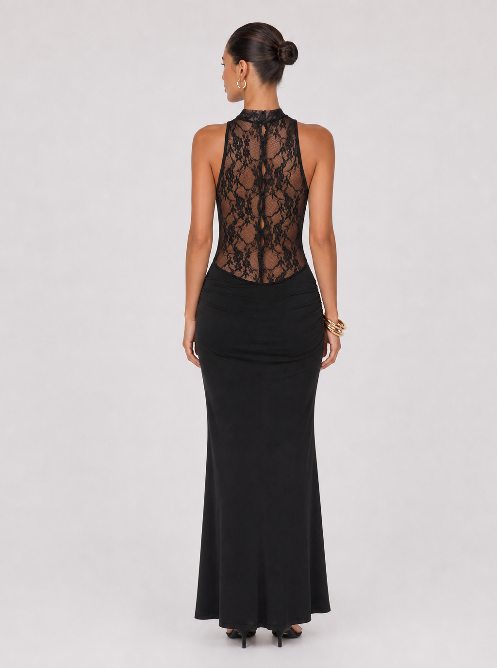 Rae Sera Cecily Draped Lace-Panel Maxi Dress in black