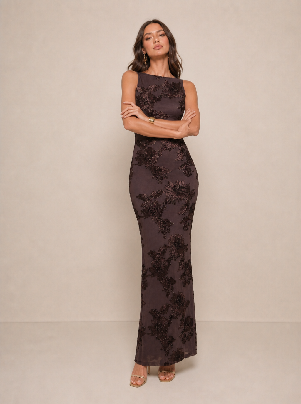 Rae Sera Marielle Floral Embroidered Maxi Dress in brown