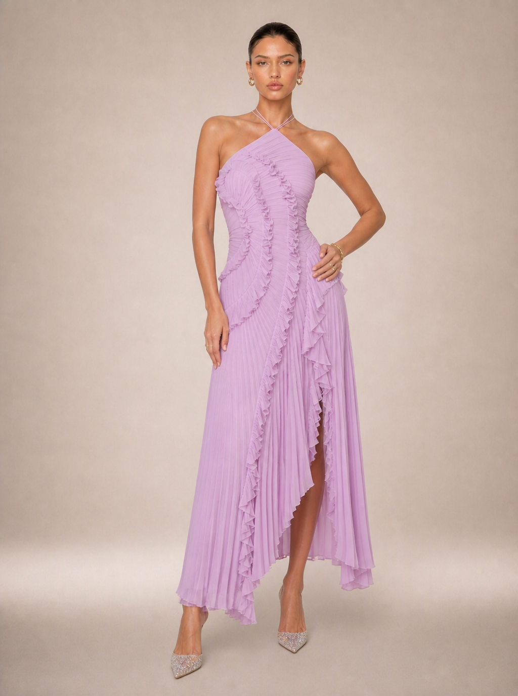 Rae Sera Sereine Ruffle Halter Maxi Dress in pink