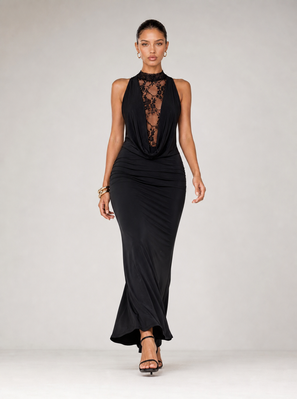Rae Sera Cecily Draped Lace-Panel Maxi Dress in black
