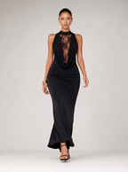 Rae Sera Cecily Draped Lace-Panel Maxi Dress in black