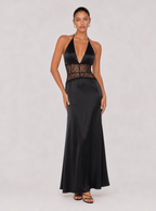 Rae Sera Aurelia Lace-Waist Halter Maxi Dress in white with black dots