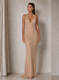 Rae Sera Anais Sequin Halter Maxi Dress in champagne gold