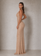 Rae Sera Anais Sequin Halter Maxi Dress in champagne gold