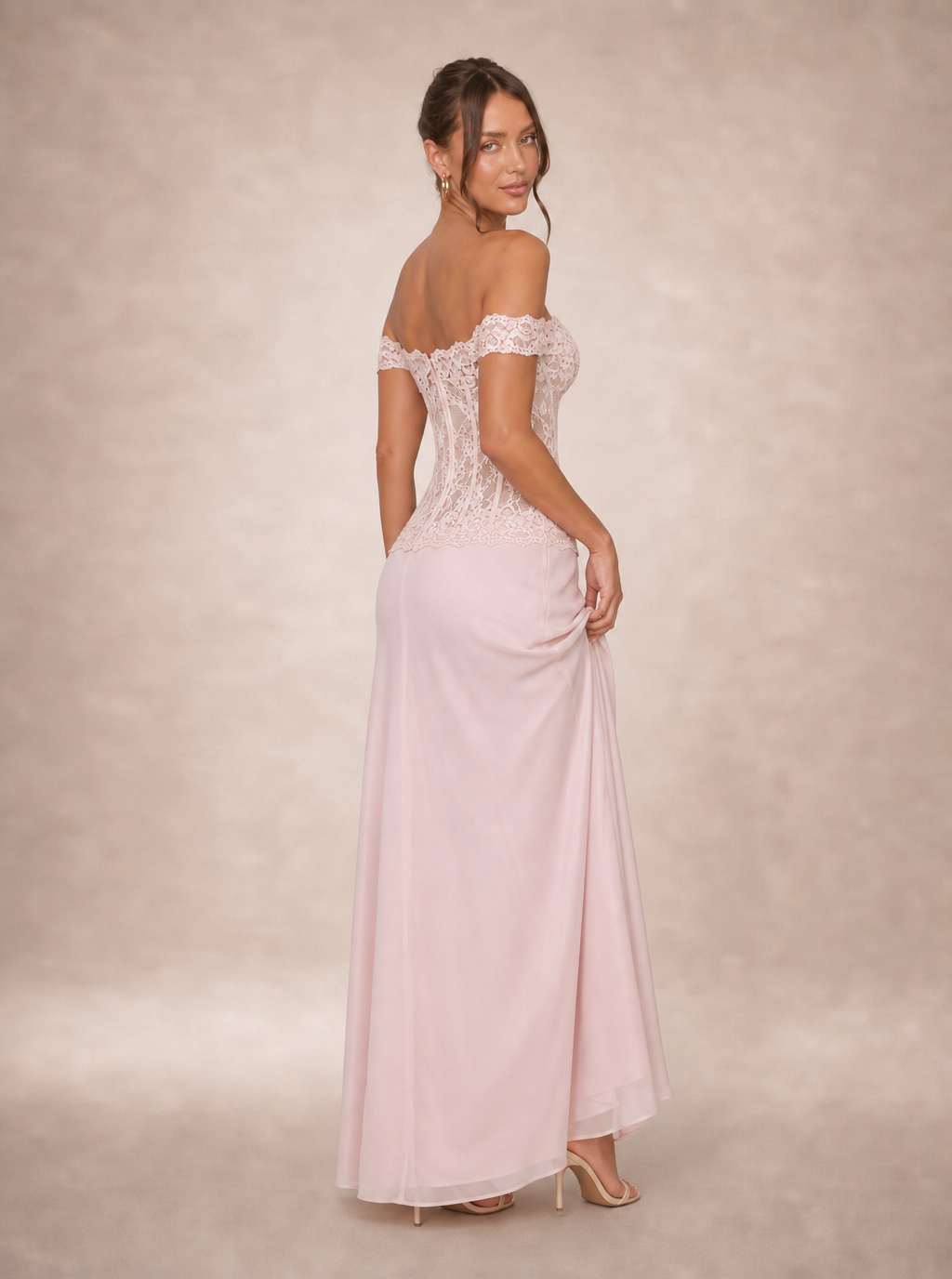 Rae Sera Eulalie Off-Shoulder Lace Maxi Dress in pink