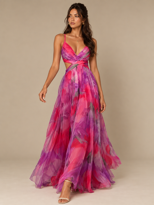 Rae Sera Isadora Watercolor Cutout Maxi Dress in red and pink