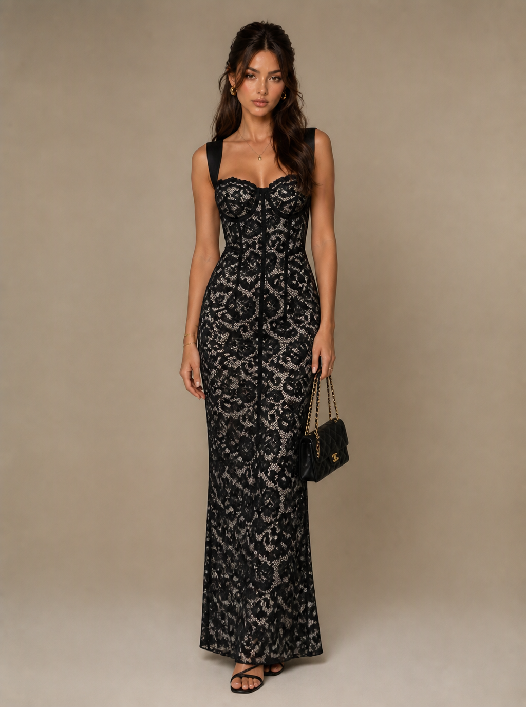Rae Sera Delphine Sweetheart Lace Maxi Dress in black