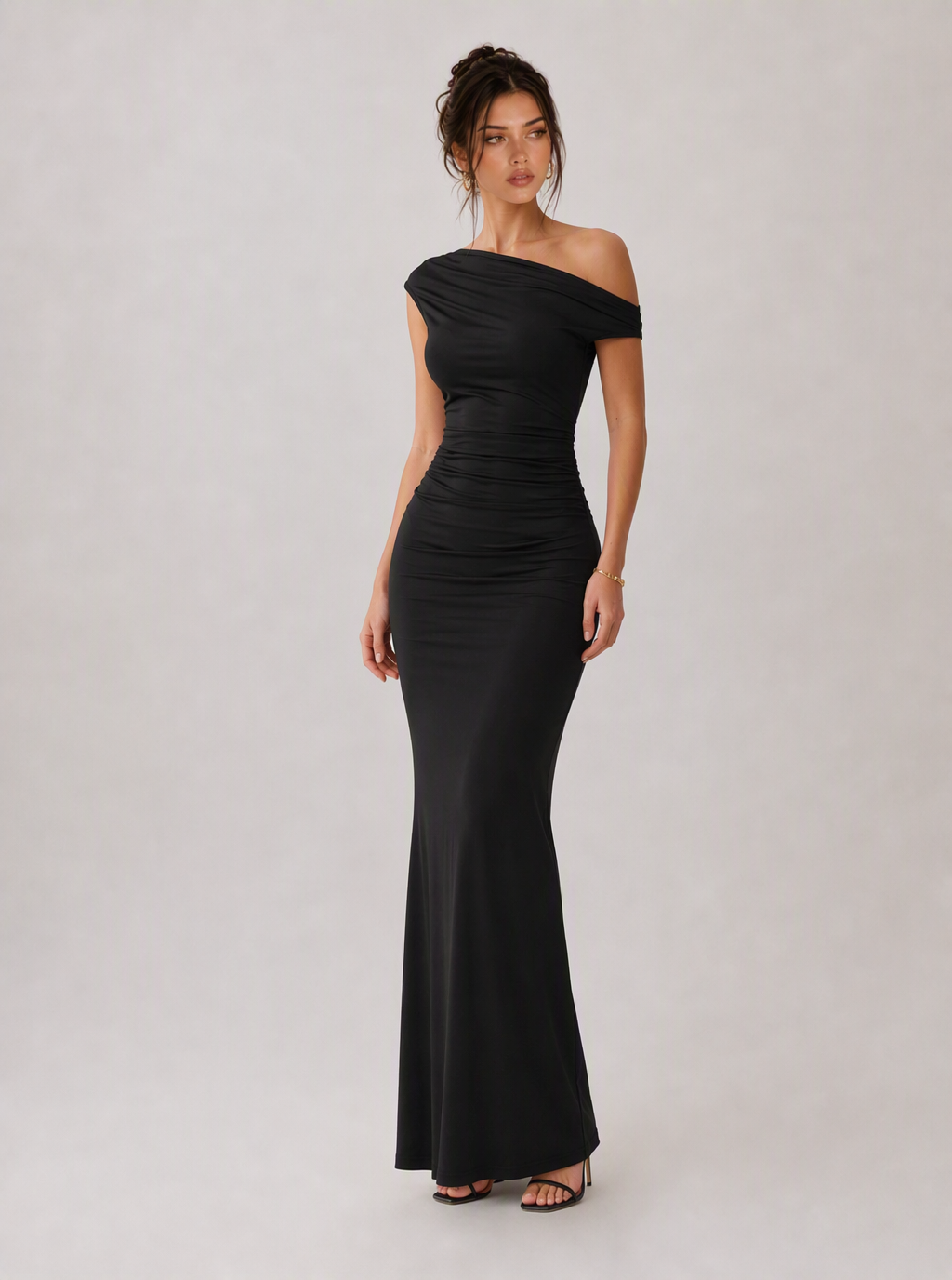 Rae Sera Sabine Asymmetric Ruched Maxi Dress in black