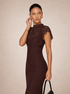 Rae Sera Lucienne High-Neck Lace Maxi Dress in brown