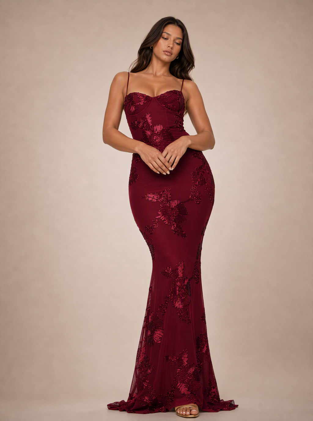 Rae Sera Lavinia Embroidered Mermaid Maxi Dress in burgundy