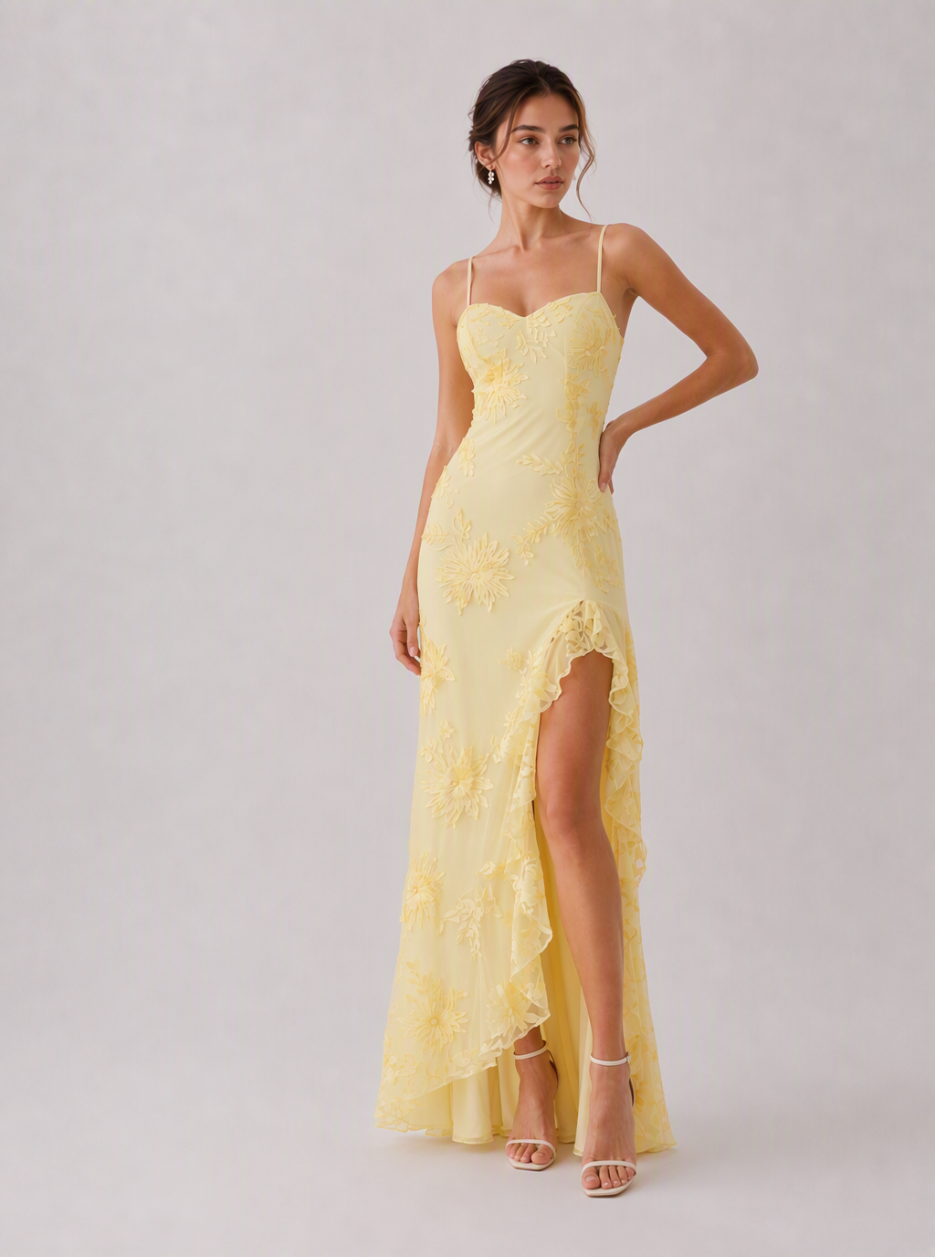 Rae Sera Elodie Embroidered Ruffle Maxi Dress in yellow