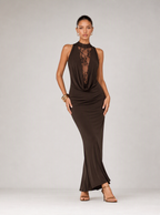 Rae Sera Cecily Draped Lace-Panel Maxi Dress in black