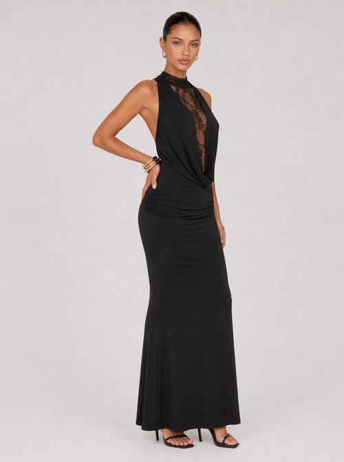 Rae Sera Cecily Draped Lace-Panel Maxi Dress in black