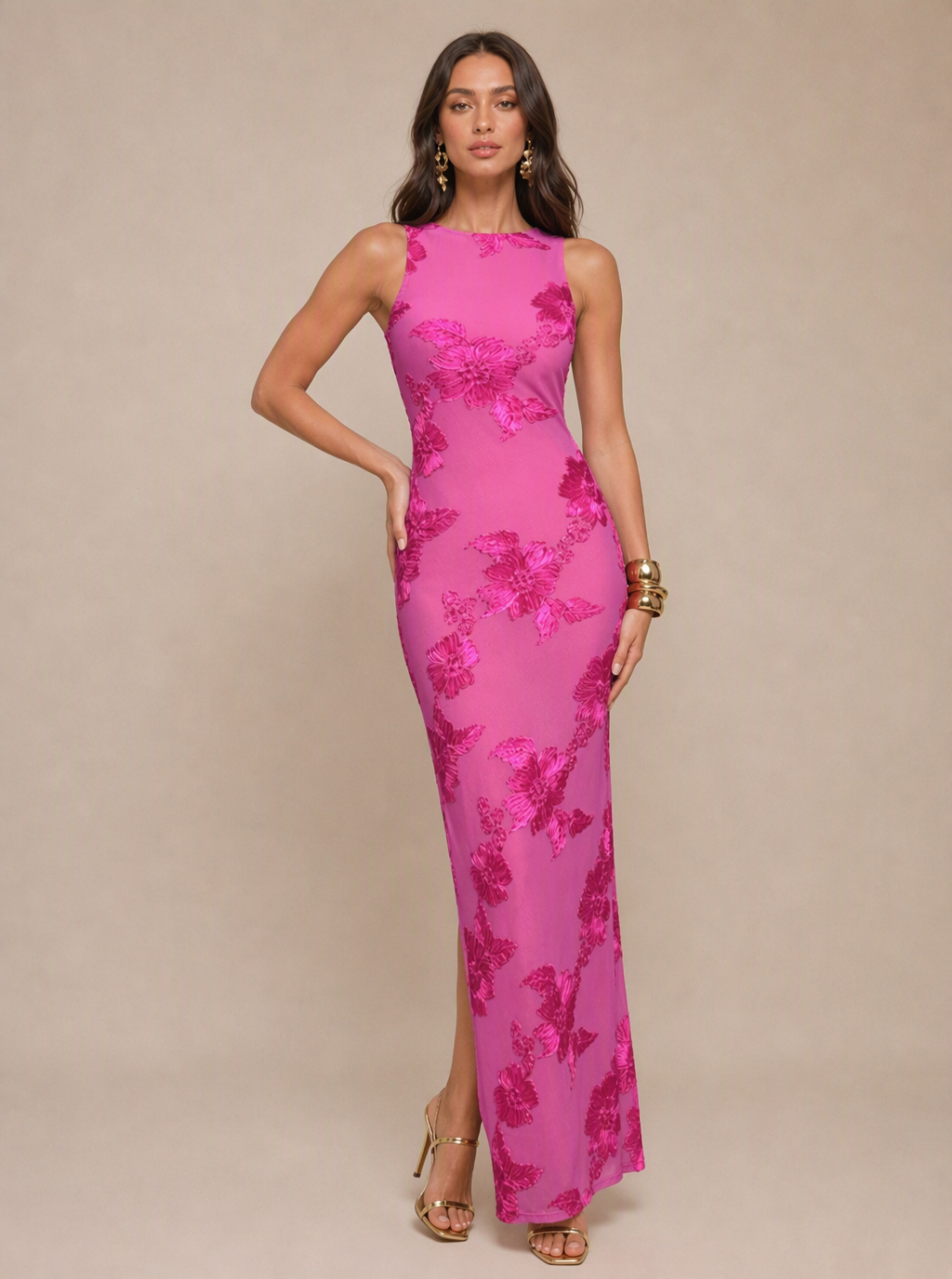 Rae Sera Marielle Floral Embroidered Maxi Dress in brown