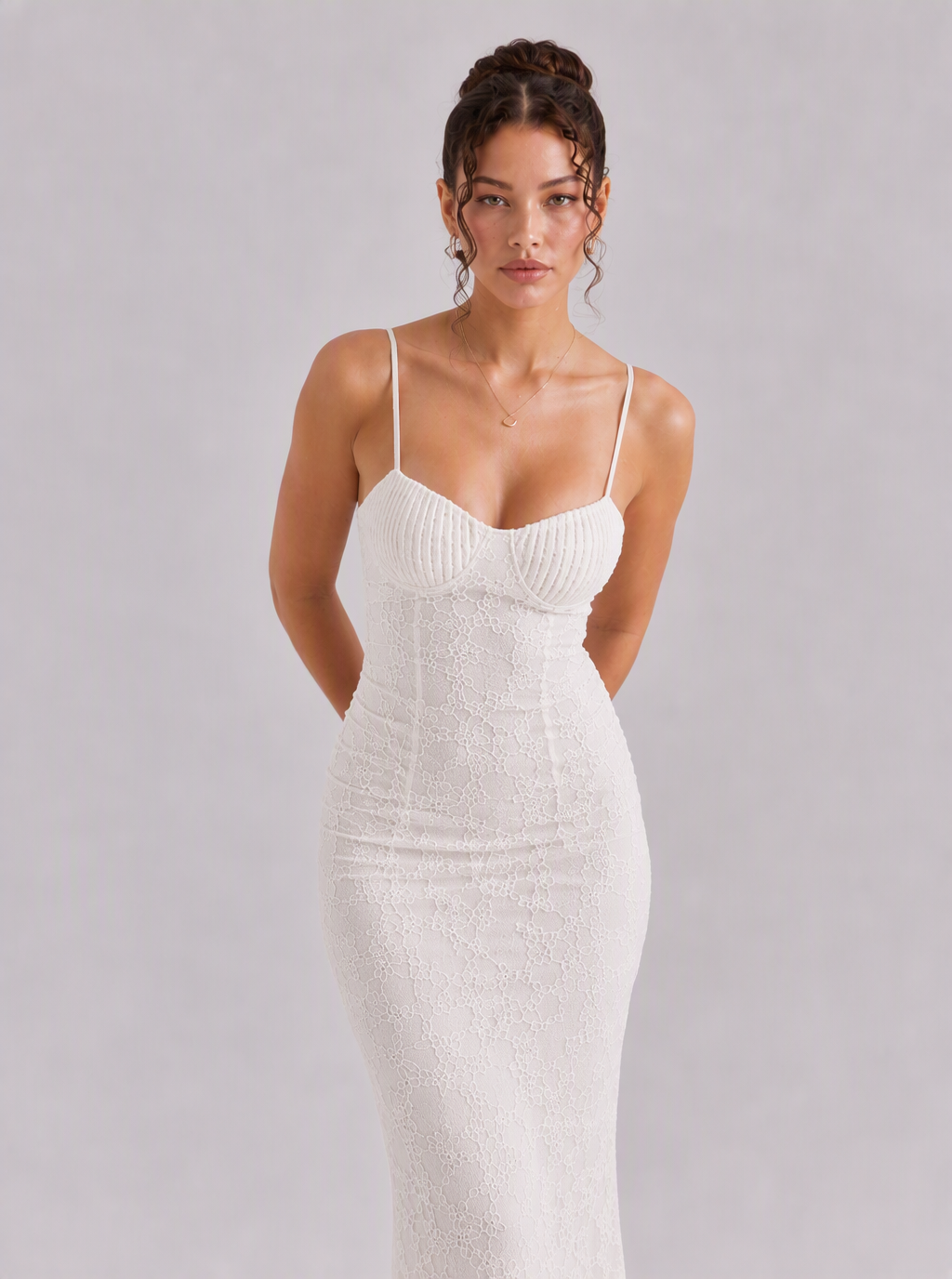Rae Sera Amabel Lace-Up Lace Midi Dress in white