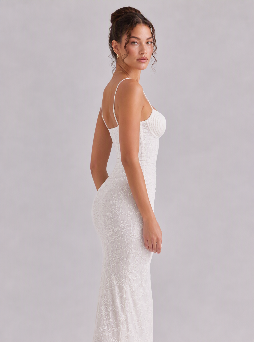 Rae Sera Amabel Lace-Up Lace Midi Dress in white