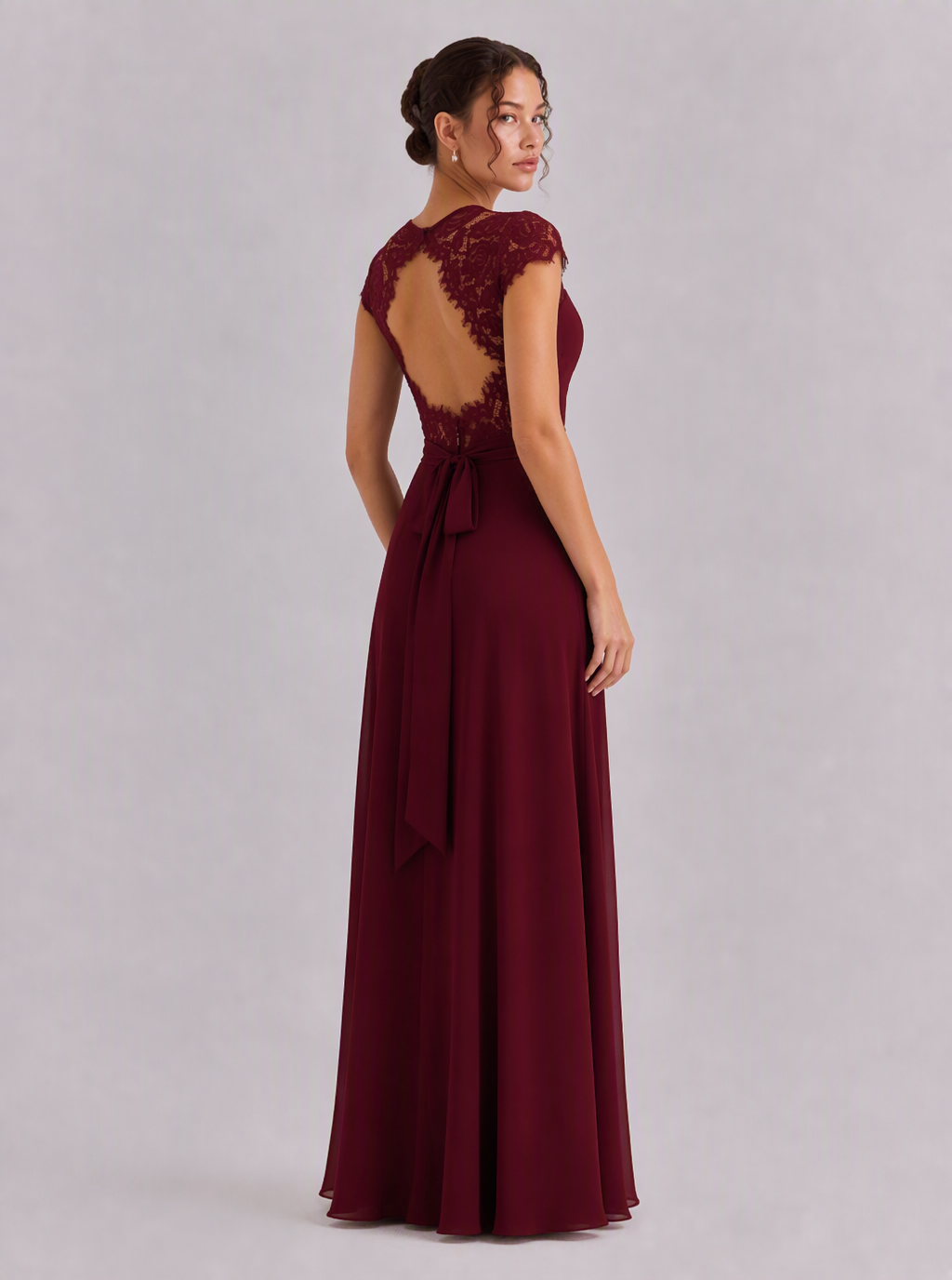 Rae Sera Felicity Lace-Back Chiffon Maxi Dress in burgundy