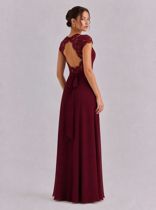 Rae Sera Felicity Lace-Back Chiffon Maxi Dress in burgundy