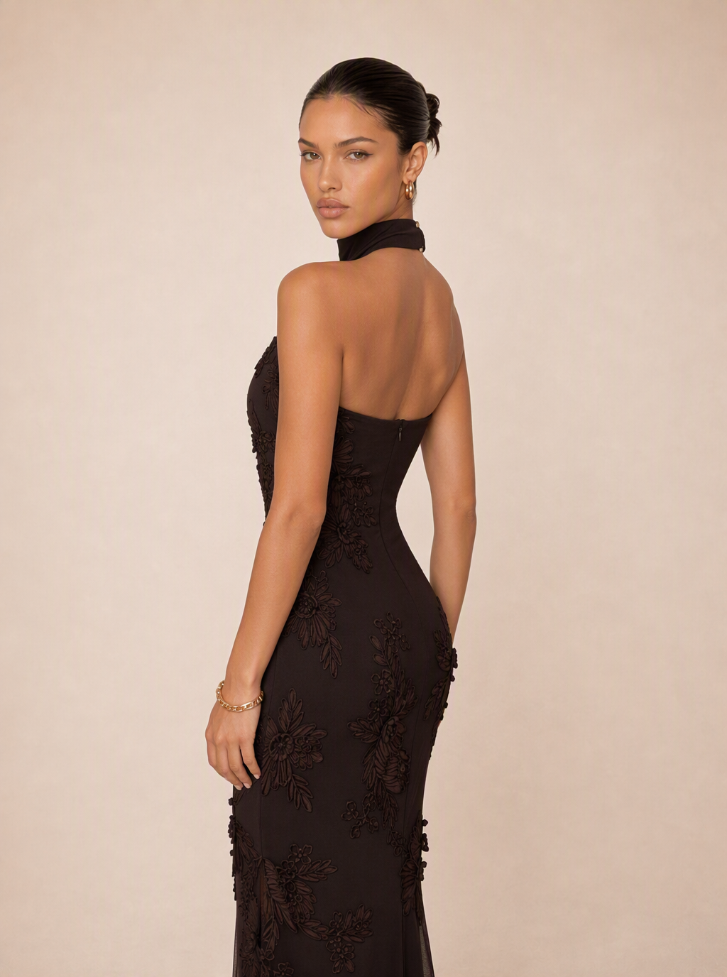 Rae Sera Ottilie Embroidered Halter Maxi Dress in chocolate brown
