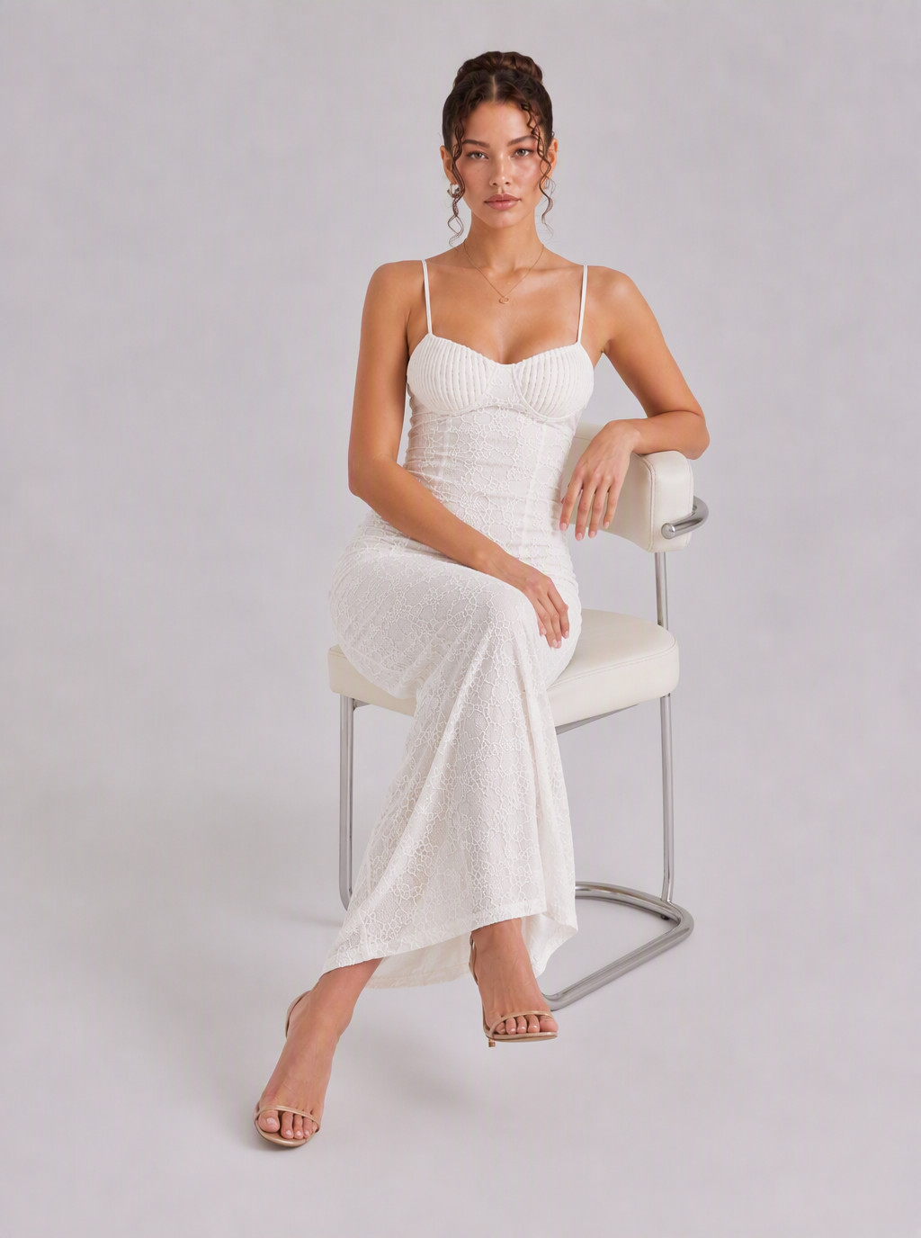 Rae Sera Amabel Lace-Up Lace Midi Dress in white